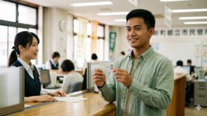 在留カード紛失：新しいカードを受け取る男性