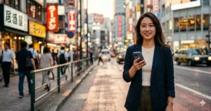 日本のSIMは楽天モバイル：東京の街でスマホを持つ女性